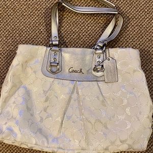 Coach Ashley Signature Carryall Purse Handbag White and Silver